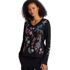 Johnny Was Belina Slit Sleeve Tee Cotton Embroidered Floral Shirt Black Top NEW